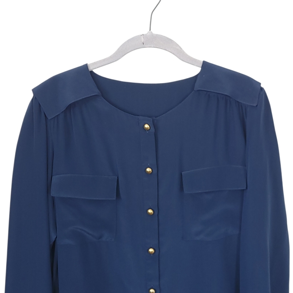 Hunter Dixon Navy Silky Blouse Gold Buttons Utility Pocket Top Size L Office‎ - Picture 4 of 11